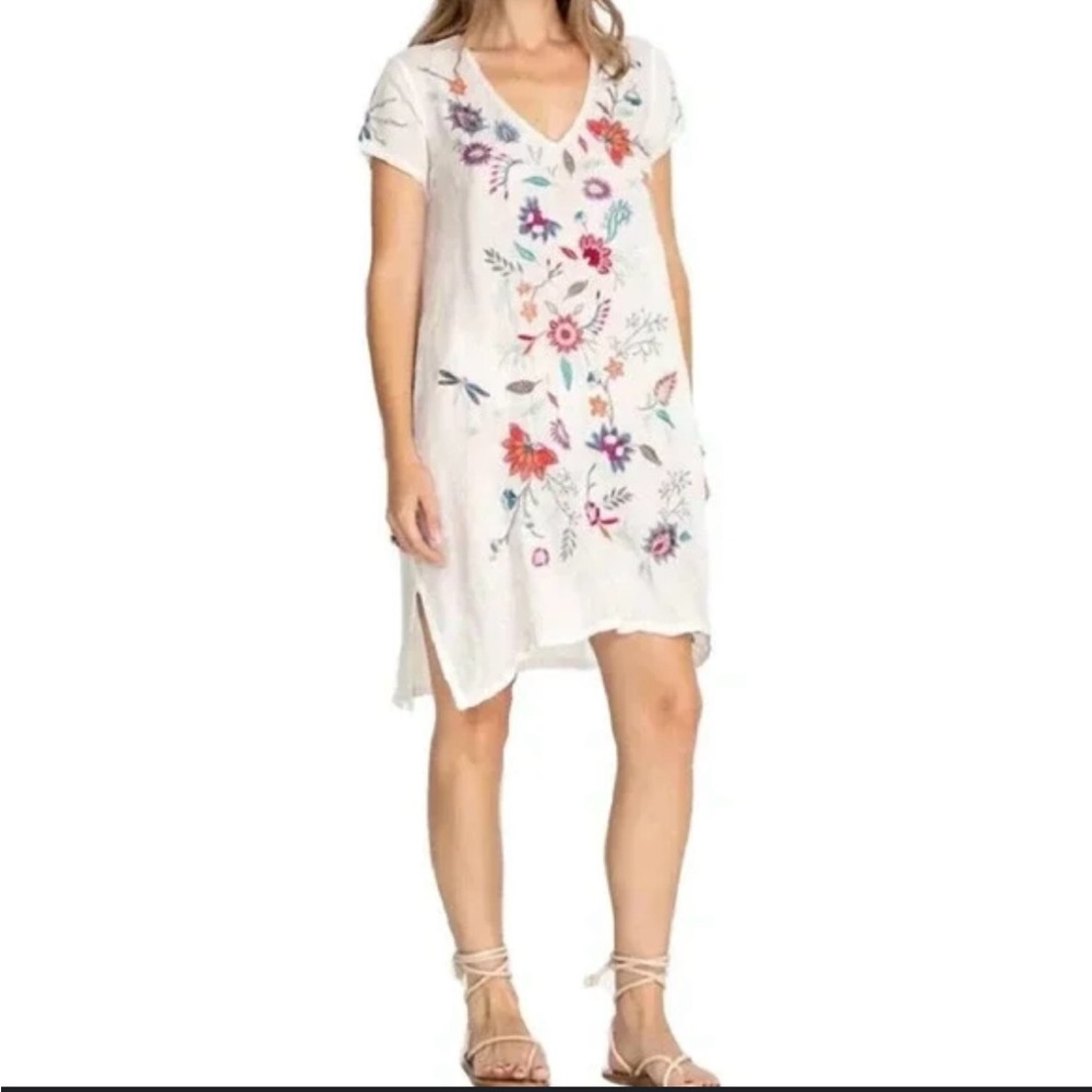 Johnny Was White Floral Embroidered Midi Dress